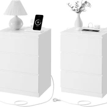 Set 2 noptiere cu prize si porturi USB, Vasagle, 40x35x59 cm, PAL/MDF, alb cloud imagine