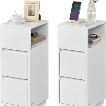 Set 2 noptiere, Vasagle, 30x25x65 cm, compartiment flexibil stanga-dreapta, PAL/MDF, alb cloud imagine