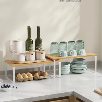 Set 2 organizatoare dulap bucatarie, Songmics, 39.7x19.5x15.8 cm, metal/lemn, alb/bej imagine