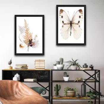Set 2 tablouri decorative, Beige Butterfly Set, PAL, Hartie, Multicolor imagine