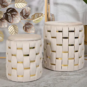 Set 2 taburete cu spatiu depozitare Shanty, Mauro Ferretti, 37x42 cm, 28x35 cm, fier/MDf/poliester, crem/auriu imagine