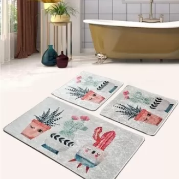 Set 3 covorase de baie Happy Cactus 2, Chilai, 50x60 cm/60x100 cm, multicolor imagine