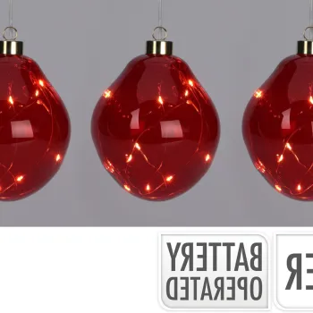 Set 3 globuri luminoase pe cablu Organic Ball, Excellent Houseware, LED, cu baterii, 10 cm, sticla, rosu imagine