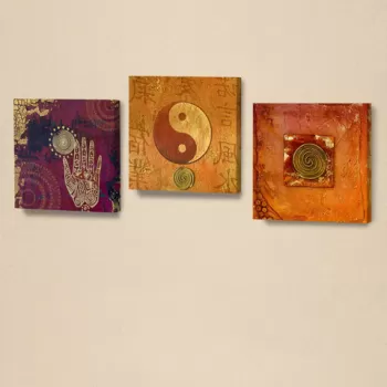 Set 3 tablouri decorative, AHM001, Piele ecologica, Lemn, Portocaliu / Violet / Crem imagine