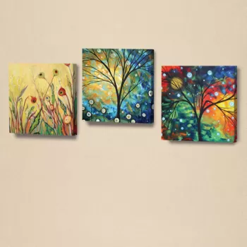 Set 3 tablouri decorative, AHM023, Piele ecologica, Lemn, Galben / Verde / Albastru inchis / Portocaliu / Negru imagine