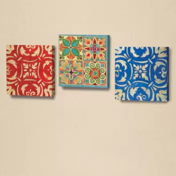 Set 3 tablouri decorative, AHM037, Piele ecologica, Lemn, Albastru / Rosu / Crem / Portocaliu / Verde imagine