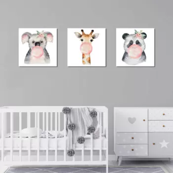 Set 3 tablouri decorative, FAH10, 60% bumbac/40% poliester, Rama de lemn, Multicolor imagine