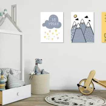 Set 3 tablouri decorative, UDC04, 60% bumbac/40% poliester, Rama de lemn, Multicolor imagine