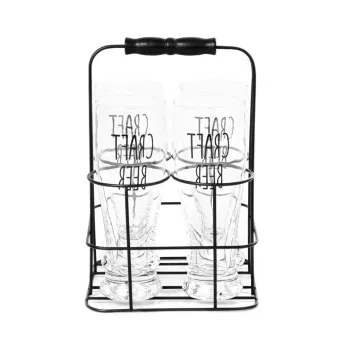 Set 4 pahare bere cu suport Raya, Homla, 400 ml, sticla/metal, transparent/negru imagine