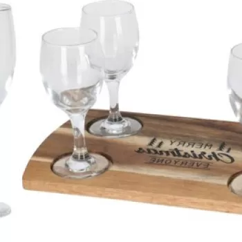Set 4 pahare de whiskey si tava pentru servire, 200 ml, sticla/lemn imagine