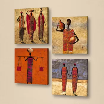 Set 4 tablouri decorative, 4KAR029, Piele ecologica, Lemn, Portocaliu / Crem / Fuchsia / Rosu / Maro imagine