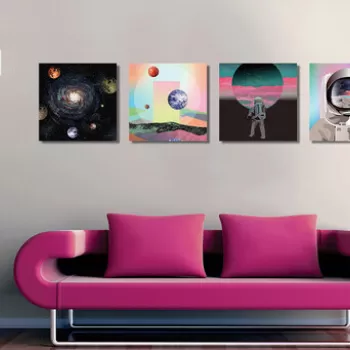 Set 4 tablouri decorative, FRJ12, 60% bumbac/40% poliester, Rama de lemn, Multicolor imagine