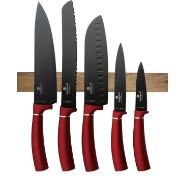 Set 5 cutite cu suport magnetic Berlinger Haus, Burgundy, inox/lemn, rosu/natur imagine