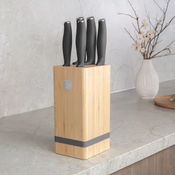 Set 5 cutite cu suport patrat Berlinger Haus, Anthracite, inox/bambus, antracit mat/natur imagine
