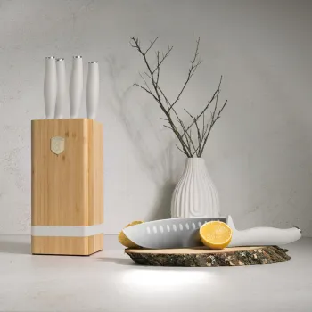 Set 5 cutite cu suport patrat Berlinger Haus, Sahara, inox/bambus, crem mat/natur imagine