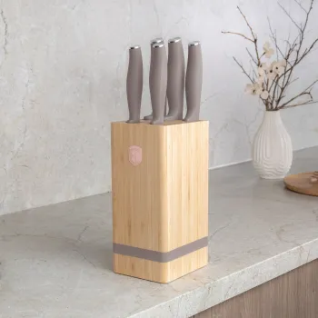 Set 5 cutite cu suport patrat Berlinger Haus, Taupe, inox/bambus, taupe mat/natur imagine
