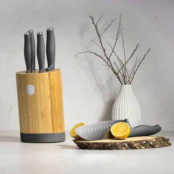 Set 5 cutite cu suport rotund Berlinger Haus, Anthracite, inox/bambus, antracit mat/natur imagine