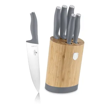 Set 5 cutite cu suport rotund Berlinger Haus, Aspen, inox/bambus, gri mat/natur imagine