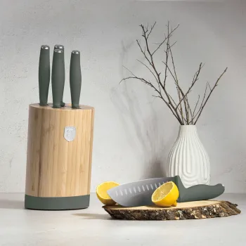 Set 5 cutite cu suport rotund Berlinger Haus, Matte Green, inox/bambus, verde mat/natur imagine