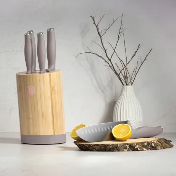 Set 5 cutite cu suport rotund Berlinger Haus, Taupe, inox/bambus, taupe mat/natur imagine