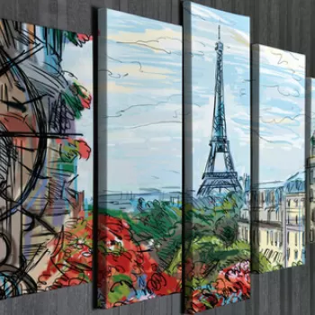 Set 5 tablouri decorative, BC102, Canvas, Lemn, Multicolor imagine