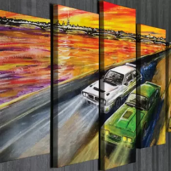 Set 5 tablouri decorative, BC96, Canvas, Lemn, Multicolor imagine