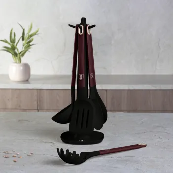 Set 5 ustensile de bucatarie cu suport, Berlinger Haus, Leonardo, nailon/plastic, visiniu mat/negru imagine