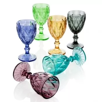 Set 6 pahare cu picior, Diamante, Brandani, 250 ml, sticla, multicolor imagine