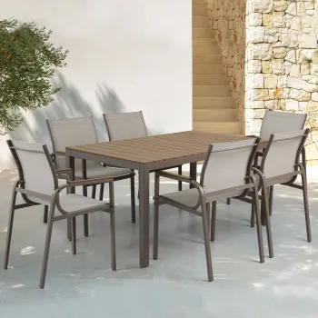 Set 6 scaune si masa Parma, 150x90x75 cm/ 56.5x64x91 cm, otel/textilina, bej/natur imagine