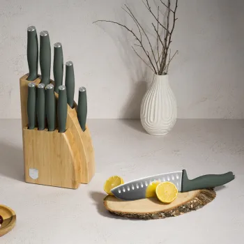 Set 9 cutite cu suport Berlinger Haus, Matte Green, inox/bambus, verde mat/natur imagine