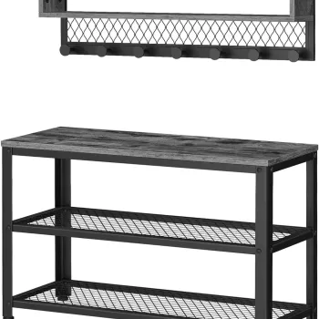 Set bancheta cu pantofar si cuier de perete, Vasagle, 73x30x45 cm/75.1x12.5x22 cm, PAL/otel, maro rustic imagine