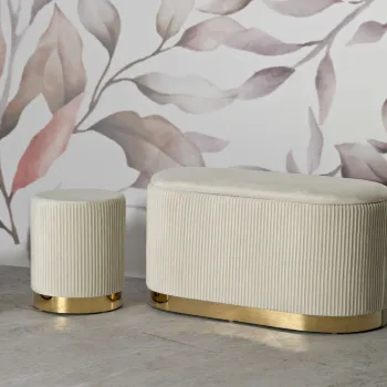 Set bancheta si 2 taburete Shopy, Mauro Ferretti, 80x37x42 cm, 29x35 cm, fier/MDf/poliester, crem/auriu imagine