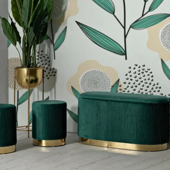 Set bancheta si 2 taburete Shopy, Mauro Ferretti, 80x37x42 cm, 29x35 cm, fier/MDf/poliester, verde/auriu imagine