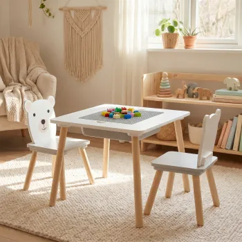 Set birou cu 2 scaune Bear, U-Grow, 60x48x44 cm / 26.5x26.5x48 cm, MDF/polipropilena, alb/natur imagine