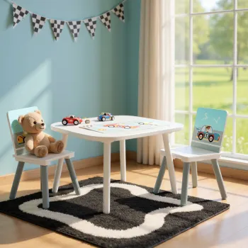 Set birou cu 2 scaune Cars, U-Grow, 60x60x44 cm / 26.8x26.8x51 cm, MDF/lemn de pin, alb/albastru imagine