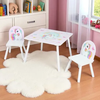 Set birou cu 2 scaune Unicorns, U-Grow, 60x60x44 cm / 26.8x26.8x51 cm, MDF/textil, alb/roz imagine
