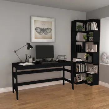 Set birou si biblioteca, Hanah Home, CPT4804-150, 55x192x27 cm, 100% PLACAJ DE CARPEN, Negru imagine