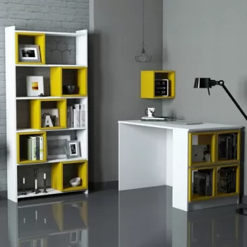 Set birou si biblioteca, Hommy Craft, Box, 120x75x65 cm, Alb / Galben imagine