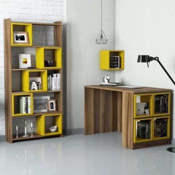 Set birou si biblioteca, Hommy Craft, Box, 120x75x65 cm, Nuc / Galben imagine