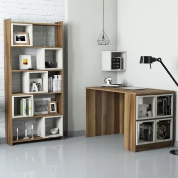 Set birou si biblioteca, Hommy Craft, Box, 120x75x65 cm, Nuca / Crema imagine