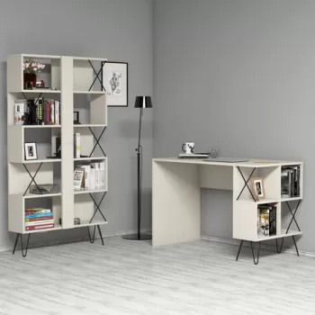 Set birou si biblioteca, Hommy Craft, Extra, 120x78.8x60 cm, Crem/Negru imagine