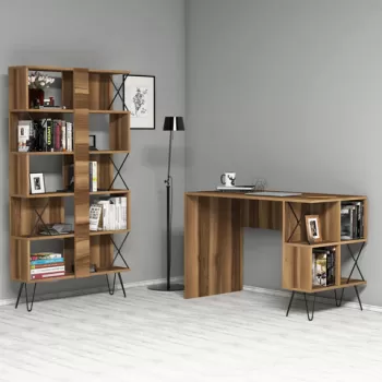 Set birou si biblioteca, Hommy Craft, Extra, 120x78.8x60 cm, Nuc / Negru imagine