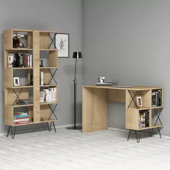 Set birou si biblioteca, Hommy Craft, Extra, 120x78.8x60 cm, Stejar / Negru imagine