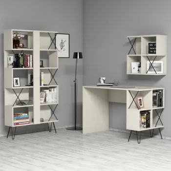 Set birou si biblioteca, Hommy Craft, Extra 2, 120x78.8x60 cm, Crem/Negru imagine