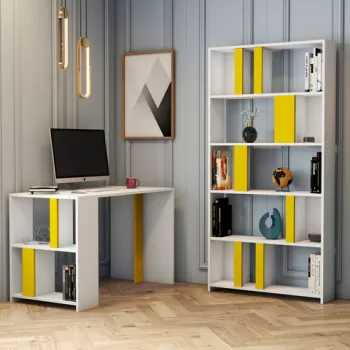 Set birou si biblioteca, Hommy Craft, Lima, Alb / Galben imagine