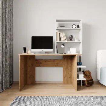 Set birou si biblioteca, Qualex, Aden, Stejar / Alb imagine