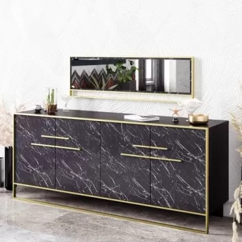 Set bufet si oglinda Polka Aynali Black, Hadley, 180 x 47.3 x 75 cm/121.8 x 37.8 x 3 cm, auriu/negru imagine