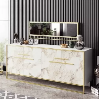 Set bufet si oglinda Polka Aynali White, Hadley, 180 x 47.3 x 75 cm/121.8 x 37.8 x 3 cm, auriu/negru imagine