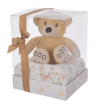 Set cadou pentru copii patura 90x75 cm + jucarie urs 20 cm, Box Star W-Bear, Bizzotto, plus/poliester, bej/alb imagine