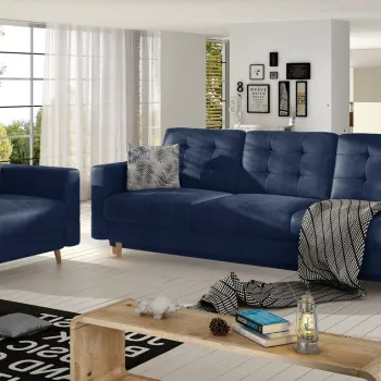 Set canapea extensibila 3 locuri si fotoliu ELTAP, Asgard, 235x95x86 cm / 107x92x86 cm, lemn/poliester, albastru inchis imagine